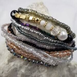 Seed Bead Stackable Bracelet Set Stretch Black White Clear Silver Gold Beads